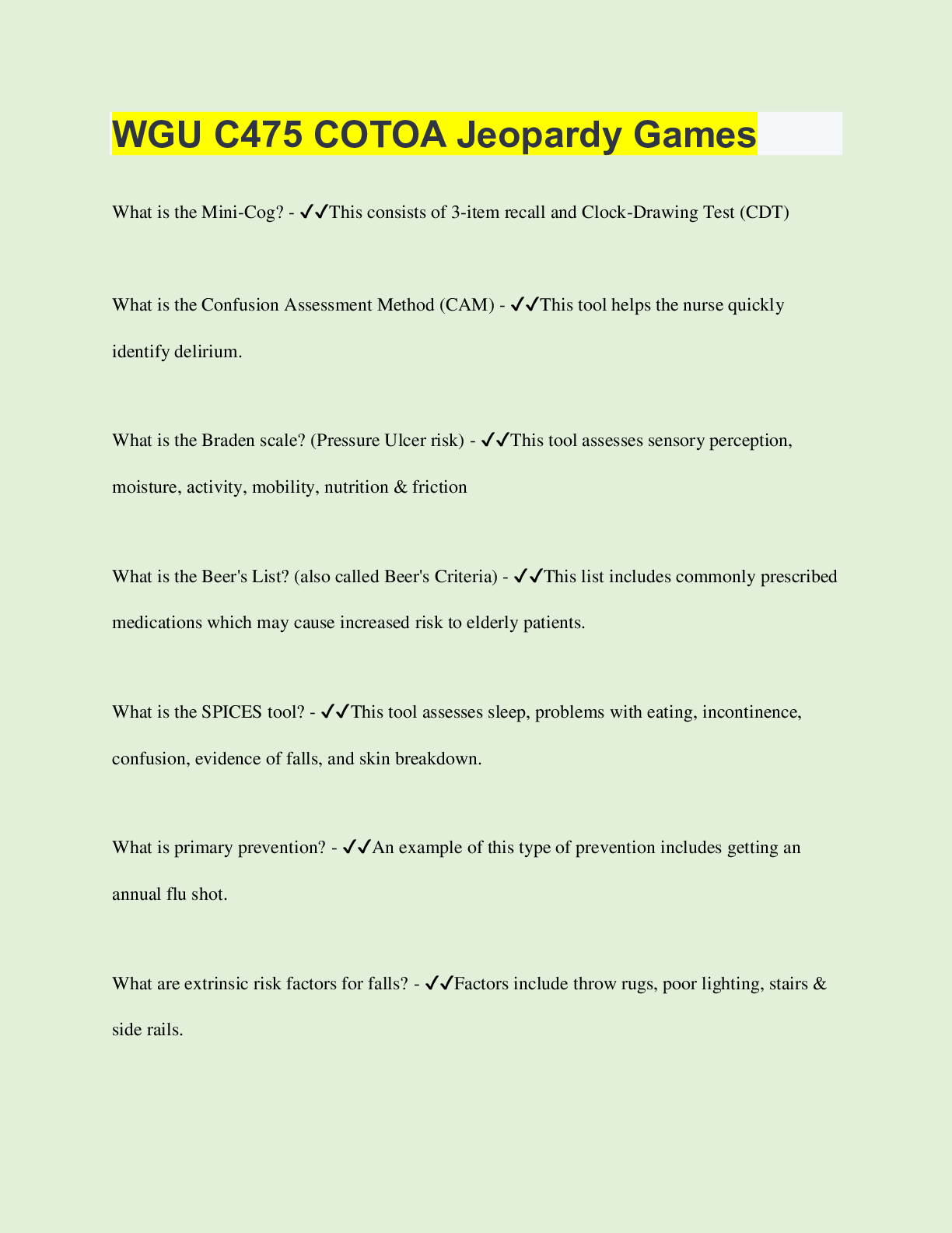 Preview image for WGU C475 COTOA Jeopardy Games | 105 Questions with 100% Correct Answers | Verified | Latest Update